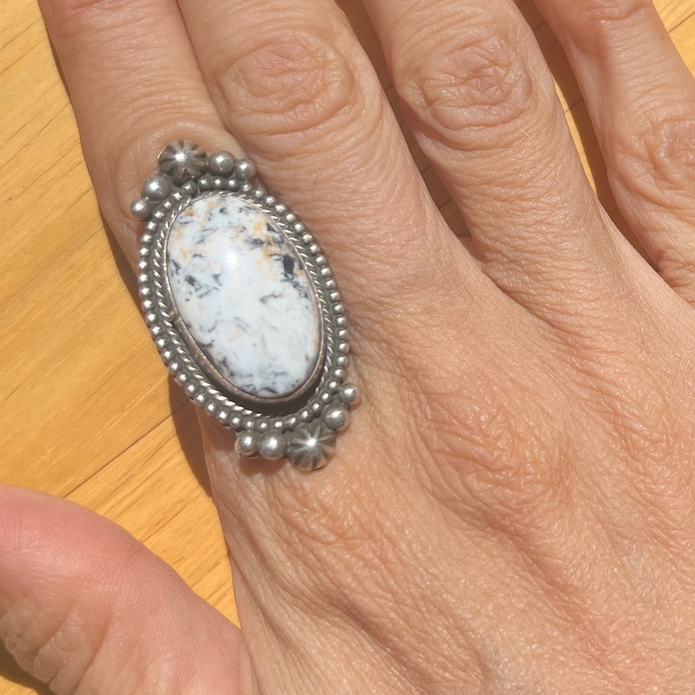 Striking rare white buffalo turquoise native made sterling ring size 6
